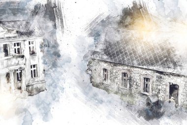 Polonya 'da küçük bir çiftliğe bakış açısı, minyatür bir görünüm ve hisle.