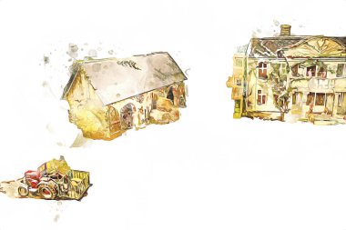 Polonya 'da küçük bir çiftliğe bakış açısı, minyatür bir görünüm ve hisle.