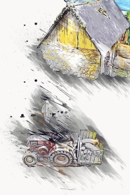 Polonya 'da küçük bir çiftliğe bakış açısı, minyatür bir görünüm ve hisle.