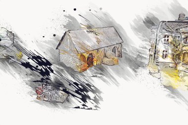 Polonya 'da küçük bir çiftliğe bakış açısı, minyatür bir görünüm ve hisle.