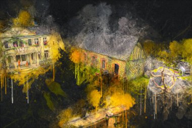 Polonya 'da küçük bir çiftliğe bakış açısı, minyatür bir görünüm ve hisle.