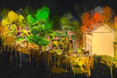 Polonya 'da küçük bir çiftliğe bakış açısı, minyatür bir görünüm ve hisle.