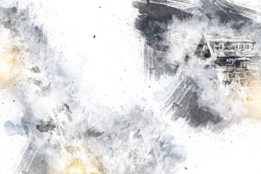 Polonya 'nın Karkonosze kentindeki dağ evinde kar, sanat, ilüstrasyon, antika, model, minyatür...