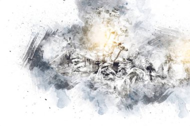 Polonya 'nın Karkonosze kentindeki dağ evinde kar, sanat, ilüstrasyon, antika, model, minyatür...