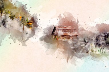 Polonya 'nın Karkonosze kentindeki dağ evinde kar, sanat, ilüstrasyon, antika, model, minyatür...