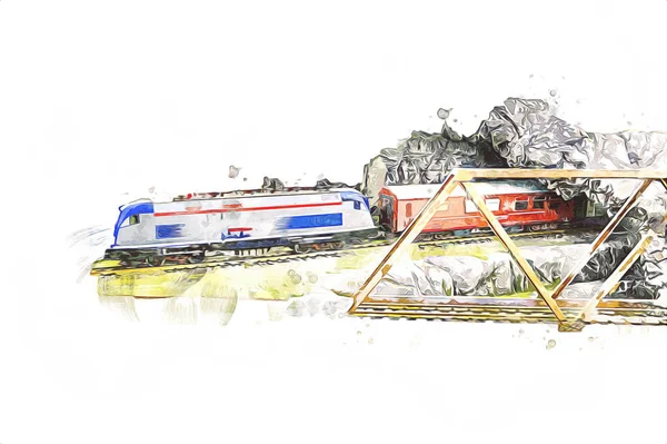 Trem Turístico Elétrico Túnel Aldeia Polonês Fundo Polônia Ilustração Arte — Fotografia de Stock