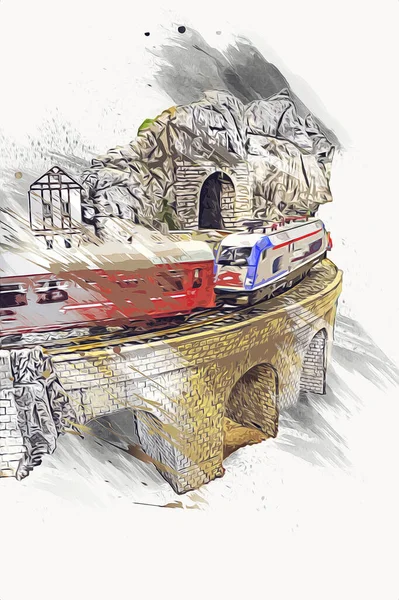 电气旅游列车 隧道和抛光村背景 艺术仿古复古古董 — 图库照片