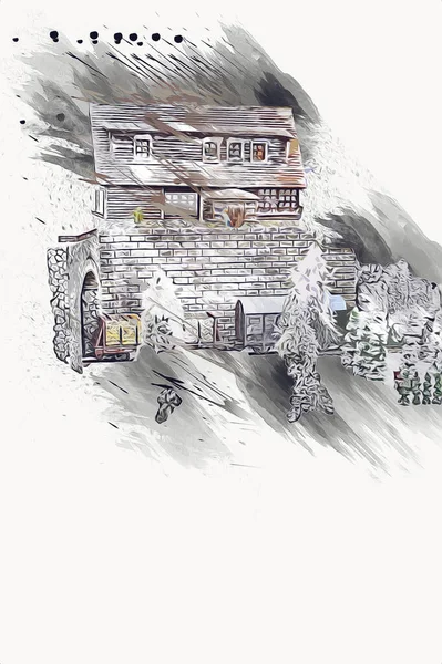 Гірський Будинок Карконоші Польщі Зимовому Снігу Мистецтві Ілустрації Вінтажі Ретро — стокове фото