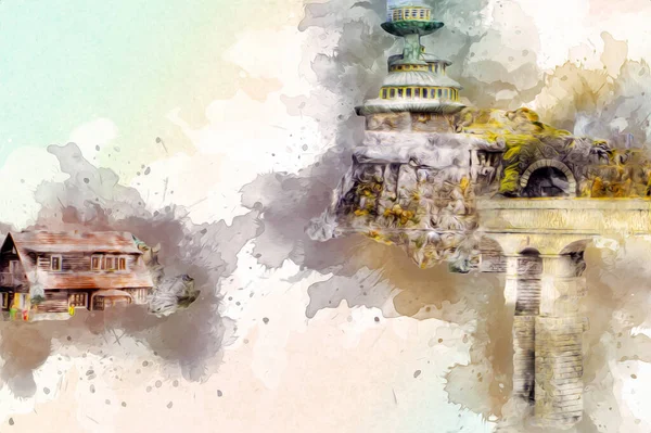 Polonya 'nın Karkonosze kentindeki dağ evinde kar, sanat, ilüstrasyon, antika, model, minyatür...