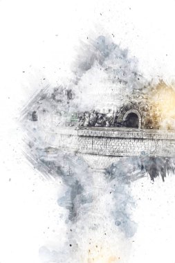 Polonya 'da gün batımına karşı buharlı trenle göl ve dağların üzerinden geçen bir viyadük.