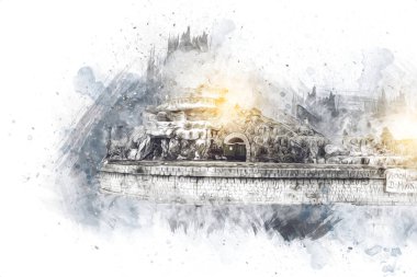 Polonya 'da gün batımına karşı buharlı trenle göl ve dağların üzerinden geçen bir viyadük.