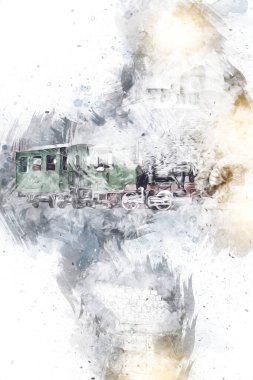 Polonya 'da gün batımına karşı buharlı trenle göl ve dağların üzerinden geçen bir viyadük.