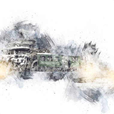 Polonya 'da gün batımına karşı buharlı trenle göl ve dağların üzerinden geçen bir viyadük.