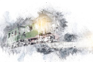 Polonya 'da gün batımına karşı buharlı trenle göl ve dağların üzerinden geçen bir viyadük.