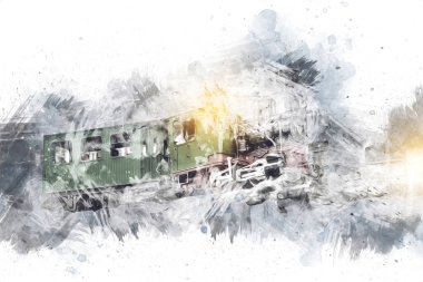 Polonya 'da gün batımına karşı buharlı trenle göl ve dağların üzerinden geçen bir viyadük.