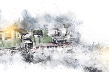 Polonya 'da gün batımına karşı buharlı trenle göl ve dağların üzerinden geçen bir viyadük.