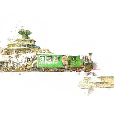 Polonya 'da gün batımına karşı buharlı trenle göl ve dağların üzerinden geçen bir viyadük.