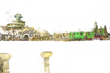 Polonya 'da gün batımına karşı buharlı trenle göl ve dağların üzerinden geçen bir viyadük.