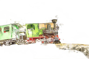 Polonya 'da gün batımına karşı buharlı trenle göl ve dağların üzerinden geçen bir viyadük.