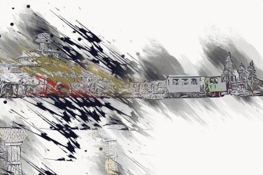 Polonya 'da gün batımına karşı buharlı trenle göl ve dağların üzerinden geçen bir viyadük.