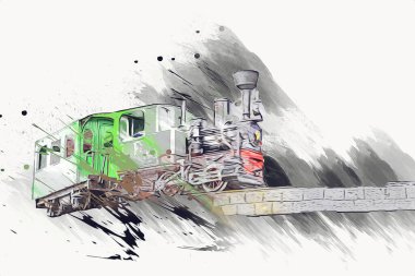 Polonya 'da gün batımına karşı buharlı trenle göl ve dağların üzerinden geçen bir viyadük.