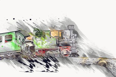 Polonya 'da gün batımına karşı buharlı trenle göl ve dağların üzerinden geçen bir viyadük.