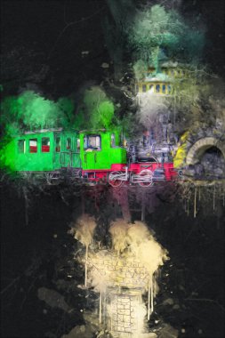 Polonya 'da gün batımına karşı buharlı trenle göl ve dağların üzerinden geçen bir viyadük.