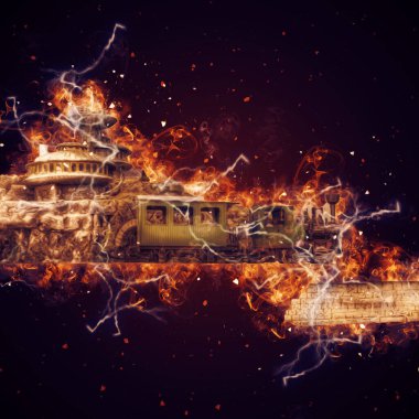 Polonya 'da gün batımına karşı buharlı trenle göl ve dağların üzerinden geçen bir viyadük.