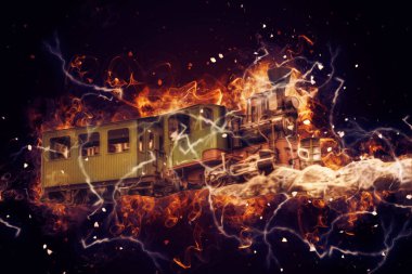 Polonya 'da gün batımına karşı buharlı trenle göl ve dağların üzerinden geçen bir viyadük.