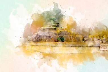 Polonya 'da gün batımına karşı buharlı trenle göl ve dağların üzerinden geçen bir viyadük.