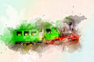 Polonya 'da gün batımına karşı buharlı trenle göl ve dağların üzerinden geçen bir viyadük.