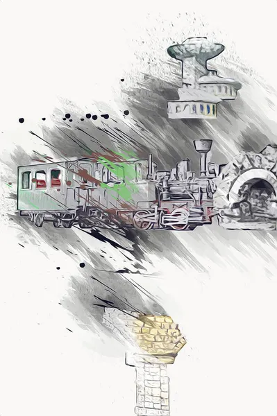Виадук Поезда Польше Паровозом Против Заката Над Озером Горами — стоковое фото
