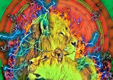 Aslan sanat çizimi retro-vintage hayvan resmi