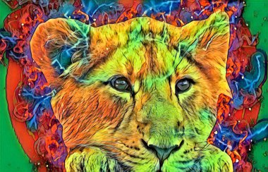 Aslan sanat çizimi retro-vintage hayvan resmi