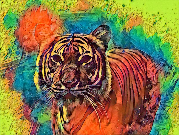 Tiger Art Illustration Drawing Painting Retro Vintage Animal — Photo