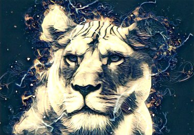 Aslan sanat çizimi retro-vintage hayvan resmi