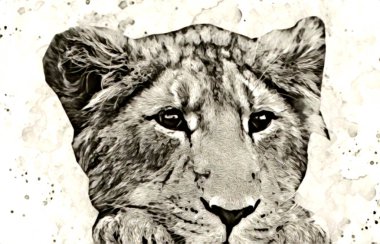 Aslan sanat çizimi retro-vintage hayvan resmi