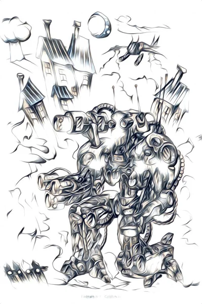 未来の金属科学フィクションのサイバトロンビジョン図未来の世界の中の男性ヒューマノイドサイボーグ — ストック写真