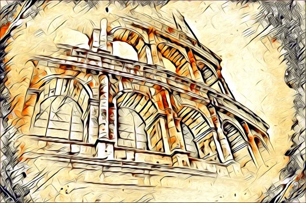 Wielki Antyczny Koloseum Fotografia Ilustracja Rysunek Retro — Zdjęcie stockowe