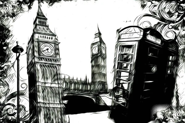 London Kunst Zeichnung Skizze Illustration Spaß Design Vintage Retro — Stockfoto