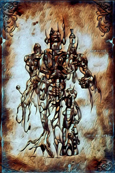 未来の金属科学フィクションのサイバトロンビジョン図未来の世界の中の男性ヒューマノイドサイボーグ — ストック写真
