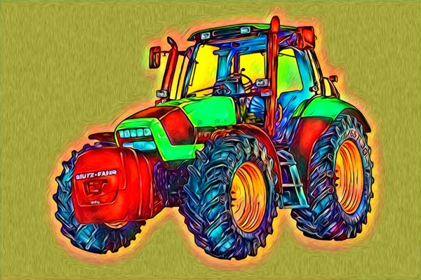 Agricultural Tractor Illustration Color Art Vintage Antique Funny — Stock Photo, Image