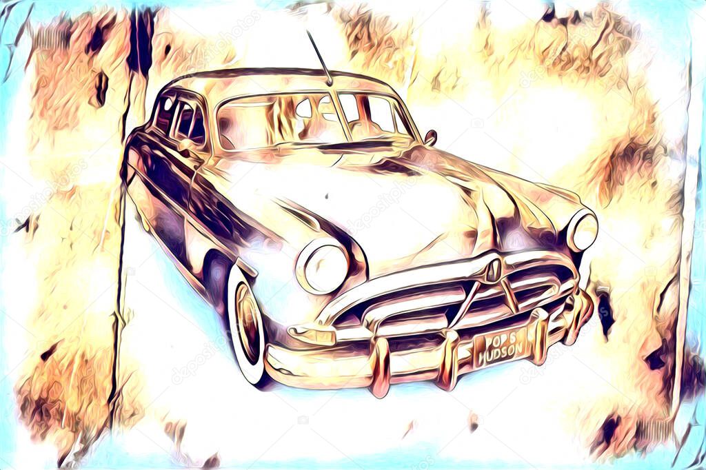 old classic car retro vintage illustration drawing