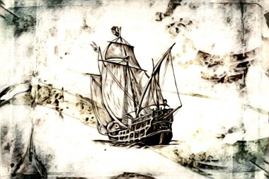 Antika tekne deniz motifi el yapımı sanat eseri çizimi