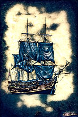 Antika tekne deniz motifi el yapımı sanat eseri çizimi