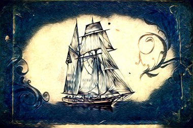 Antika tekne deniz motifi el yapımı sanat eseri çizimi