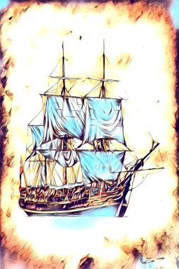 Antika tekne deniz motifi el yapımı sanat eseri çizimi