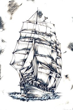 Antika tekne deniz motifi el yapımı sanat eseri çizimi