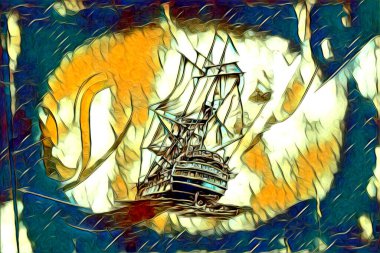 Antika tekne deniz motifi el yapımı sanat eseri çizimi