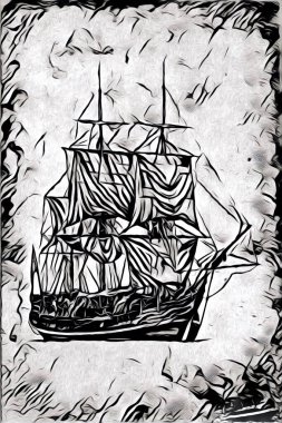 Antika tekne deniz motifi el yapımı sanat eseri çizimi